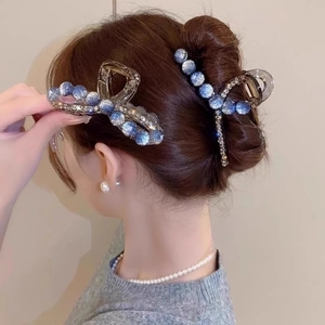 Sparkling crystal large hair claw clips with blue glitter balls for women styling