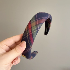 Serre-tête épais en éponge à carreaux tartans avec breloque dorée et fait main