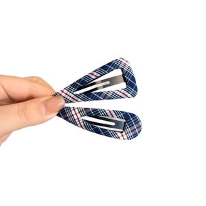 Pair of blue plaid fabric geometric BB hair clips with classic tartan pattern for women