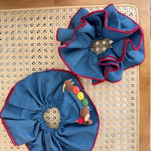 Chouchous En Jean Bleu Fait Main Pour Femmes Décor Poupée Animal Souris Chien Bord Rouge Contrasté Accessoires Cheveux