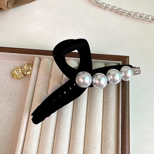 Grande Pince Crabe en Velours Floqué Noir Élégante Avec Fausse Künstliche Perle Forme de Nœud Papillon Accessoire de Cheveux Style Coréen Femme
