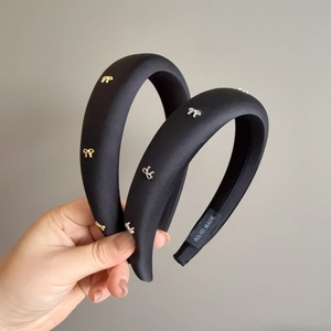 Serre-Tête Nœud Doux Style Coréen pour Femmes Noir Satin Rembourré Éponge Élégant Nœud en Alliage Accessoires de Cheveux