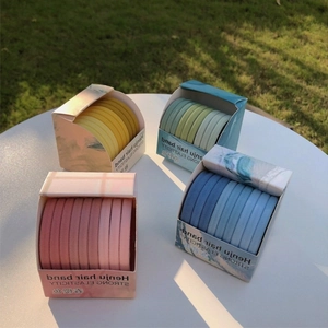 Detail of high-elasticity gradient hair ties in pink, yellow, green, and blue sets