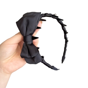 Elegant black satin rhinestone bow headband with teeth comb for secure high top hair styling