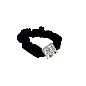 Elegant black scrunchie with sparkling square rhinestone ornament for women hair styling