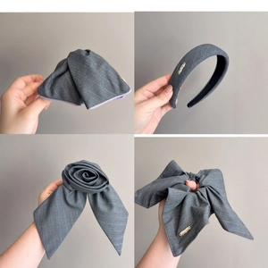 Pince à Cheveux en Tissu Rayé Gris Élégant Serre-Tête Nœud Élastique Cheveux Minimaliste Accessoires de Cheveux en Tissu avec Badge