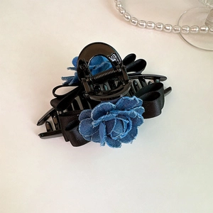 French vintage denim rose and black ribbon bow hair claw clip for elegant women styling