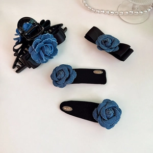 French Retro Denim Rose Flower Hair Clip For Women Handmade Elegant Bow Knot Hair Claw Clip Denim Fabric Floral BB Clip