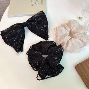 Elegant Mesh Scrunchie Silver Grid Pattern Bow Hair Clip Beaded Edge Sophisticated Hair Tie For Women Daily Accessories