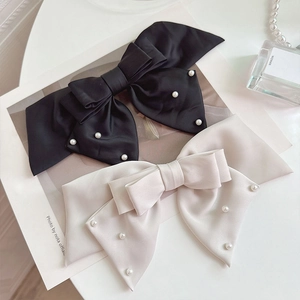 Large Satin Bow Hair Clips With Faux Artificial Pearls Elegant French Style Satin Ribbons Spring Clip For Women Wedding Hair Accessories