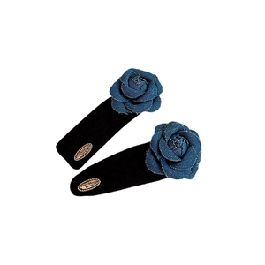 French vintage denim rose flower hair clips set with blue fabric petals and metal tags
