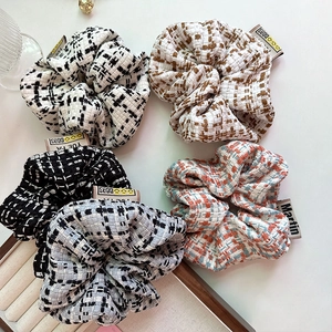 Vintage Elegant Tweed Plaid Scrunchie Large Cotton Knitted Hair Tie Checkerboard Hair Accessories For Women Ponytail Holder