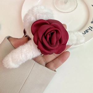 Elegant plush flower claw clip with red satin rose and white faux fur hair accessory