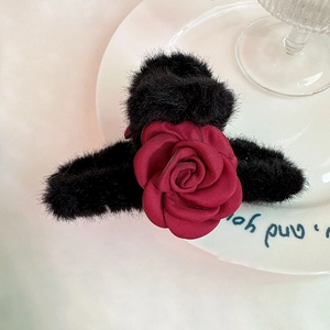 Elegant plush flower hair claw clip with red rose and black faux fur for women