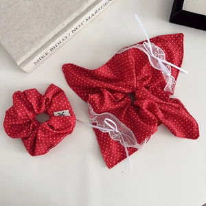 Retro Red White Polka Dot Fabric Scrunchie Hair Tie And Lace Scarf Headband Handmade Elastic Ponytail Holder For Women Girls