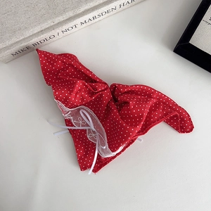 Red and white polka dot hair scrunchie with lace trim and elegant ribbon bow