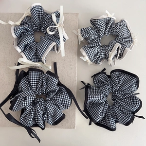 Sweet Preppy Style Black Gingham Scrunchie With Cute Bow And Artificial Pearl Accents French Vintage Fabric Hair Tie For Women Girls