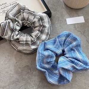 French Vintage Striped Fabric Scrunchies For Women Sea Salt Blue Ruffled Elastic Hair Ties Handmade Hair Rope Accessories