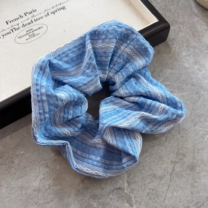 French style sea salt blue striped scrunchie for bun hairstyles with cotton linen texture