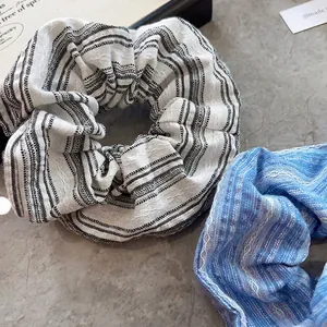 French style sea salt blue and black striped linen scrunchies set for women