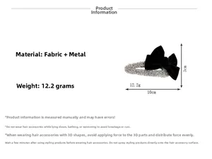 Detail view of black velvet bow hair clip with size 10cm and weight 12.2g specifications