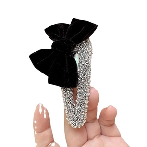 French velvet bow hair clip with luxury rhinestones and silver finish for women