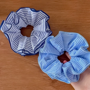 Chouchous en Tissu Rayé de Style Coréen Bleu Marine Blanc Plissé Élastiques pour Cheveux pour Femmes Accessoires de Coiffage Quotidien
