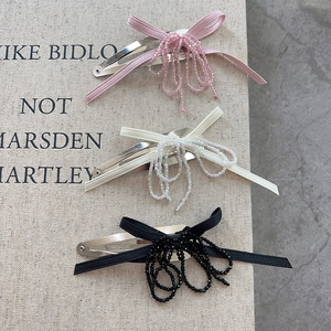 Korean Sweet Bow Hair Clip With Tassel Beads Alloy Satin Ribbon Bowknot Hairpin Elegant Side Clip For Women Hair Accessory