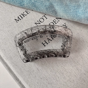 Detail of elegant rectangular lace-patterned hair claw clip with silver metal spring
