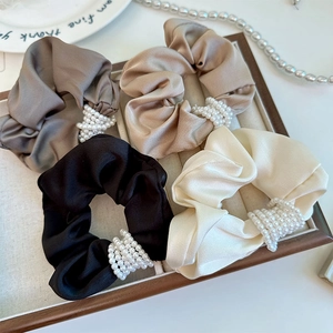 Elegant Satin Scrunchie With Faux Artificial Pearl Large Elastic Hair Tie Champagne Gold Vintage Hair Accessories For Women
