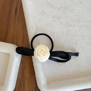 Elegant satin bow hair tie with cream rose flower and black elastic ribbon band