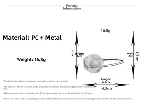 Detailed view of white camellia hair clip with dimensions and PC metal materials