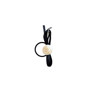 Elegant satin rose flower hair tie with black ribbons and cream fabric rose detail