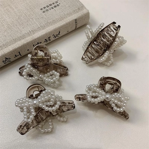 Set of 4 brown pearl bow hair claws for women, elegant hair clips for side fringe styling