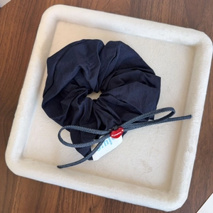 Dark blue pleated denim hair scrunchie with bow and red heart happy pendant decoration