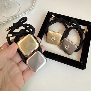 Vintage Brushed Metal Square Star Rhinestone Elastic Hair Ties For Women Daily Office Chic Ponytail Holder