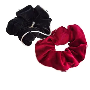 Set of black and wine red velvet hair scrunchies with elegant white piping trim edge