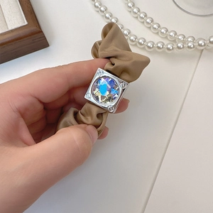 Elegant high-elastic hair tie with square iridescent crystal on brown satin scrunchie