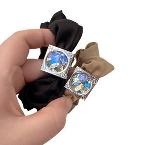 Elegant satin hair scrunchies with square crystal metal buckle in black and khaki