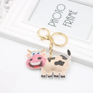 Cartoon Cow PU Leather Keychain Cute Animal Pattern Bag Charm Fashion Decorative Stitched Key Ring Pendant For Women Kids