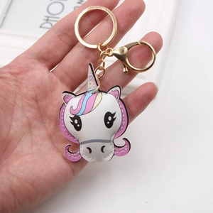 Cartoon unicorn PU leather keychain with rainbow mane and golden metal lobster clasp