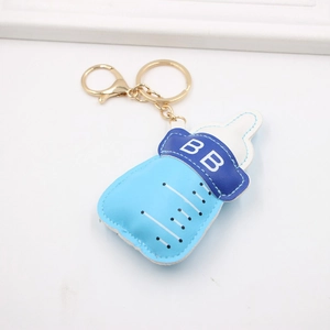 Blue and white PU leather baby bottle keychain with golden lobster clasp and BB logo