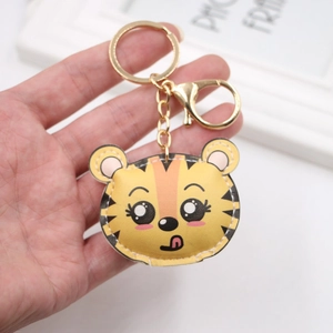Niedlicher Cartoon Tiger Schlüsselanhänger aus PU-Leder mit goldenem Metallverschluss