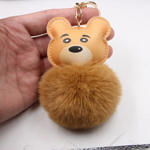 Cute cartoon tiger plush pom pom keychain with gold metal ring and fluffy fur ball accessory