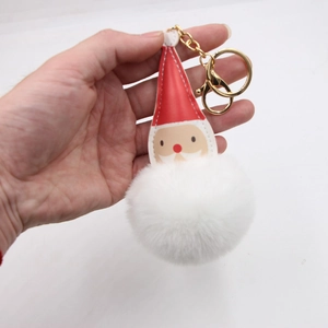 Porte-clés Père Noël en peluche avec bonnet en cuir rouge et mousqueton doré chic