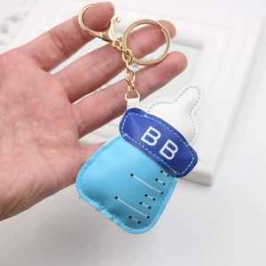 Blue PU leather baby bottle keychain pendant with gold metal lobster clasp for bags