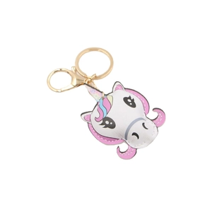 Cartoon unicorn keychain in white PU leather with colorful stitching and gold ring