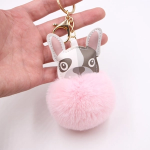 Portachiavi bulldog carino con pompon rosa e ciondolo per borsa in pelle sintetica