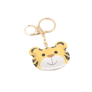 Cute cartoon tiger PU leather keychain with yellow synthetic skin and gold metal ring