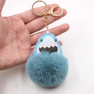 Cute blue plush shark fur ball keychain with gold metal keyring for bags and accessories